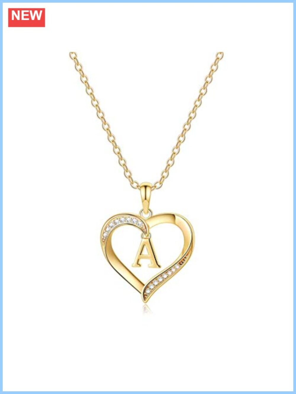 14K Gold Plated Initial Heart Pendant Necklace, Cubic Zirconia, Letter A-Z,